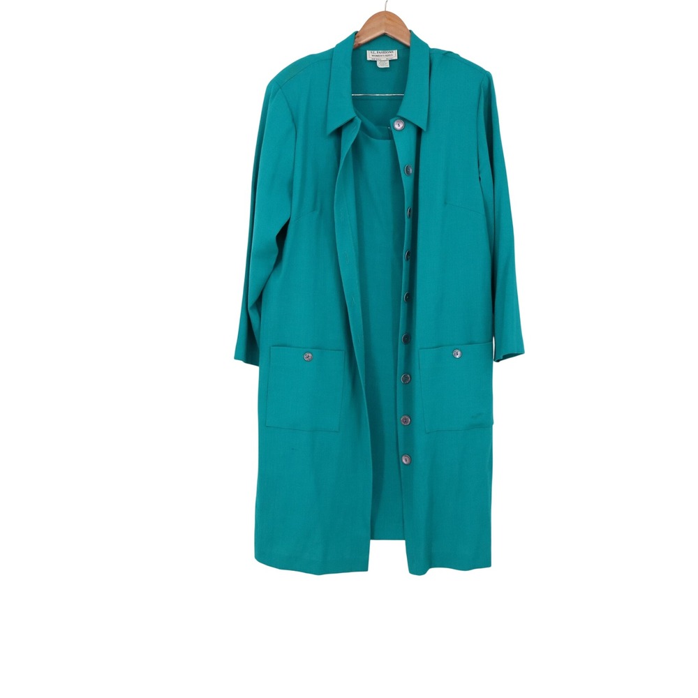 S.L. Fashions Dress Set Womens 18 Teal Duster Coat Button-down Good